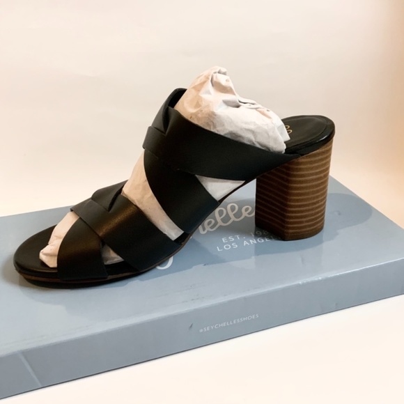 Seychelles Embellishment Black Leather Heeled Mules Block heel Open Toe Sandals - Picture 7 of 11